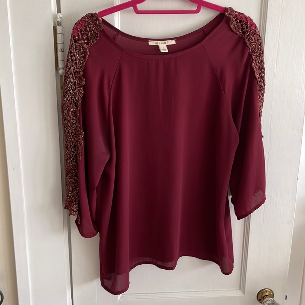 Red Lace 3/4 Sleeve Fancy Blouse Top